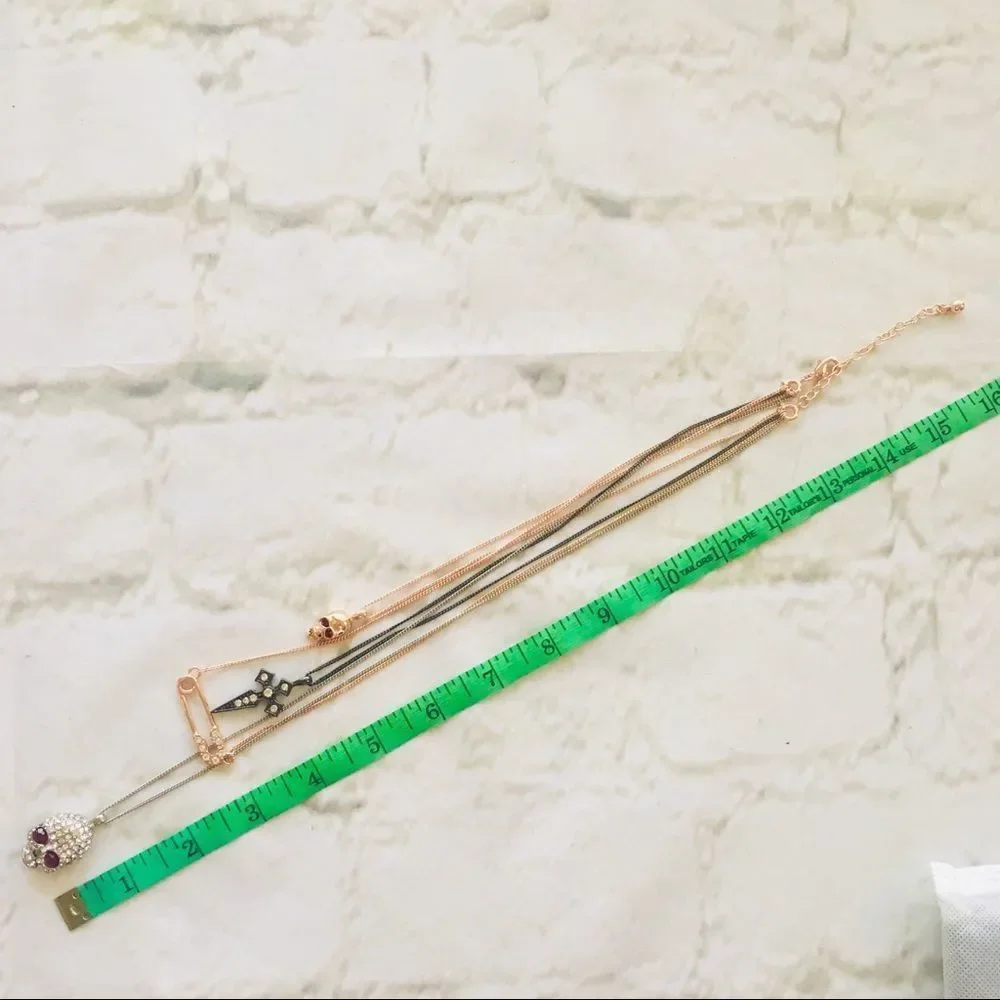 Layered Skull Safety Pin Cross Rose Gold Gun Metal Silver Necklace NWT - Picture 7 of 8